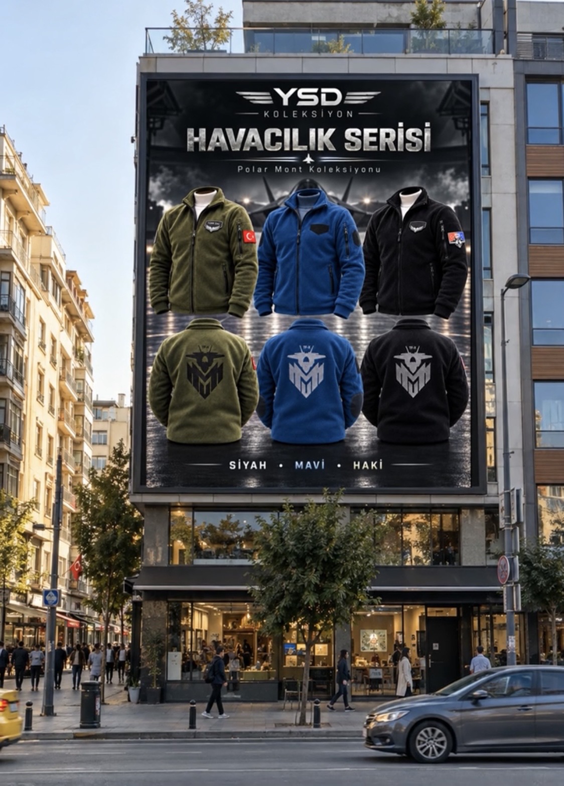 Şehirdeki dev reklam tabelasında YSD Koleksiyon havacılık serisinin siyah, mavi ve haki polar montlarının ön ve arka görünümleri