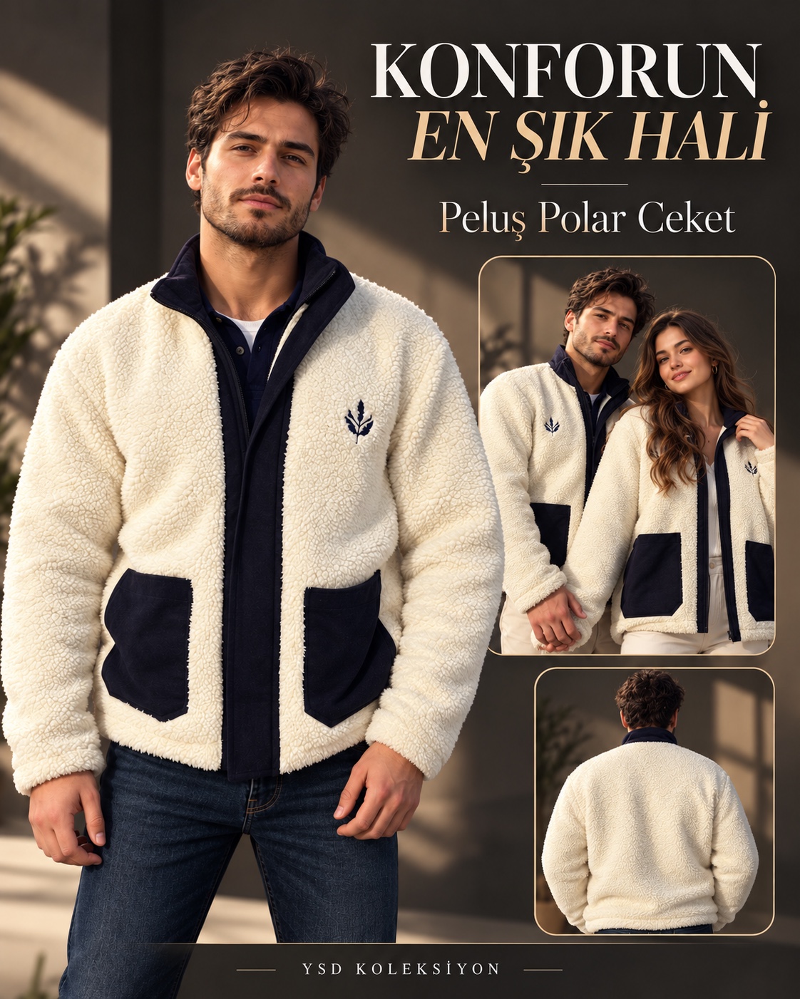 Krem ve lacivert peluş polar montun model üzerindeki görünümü